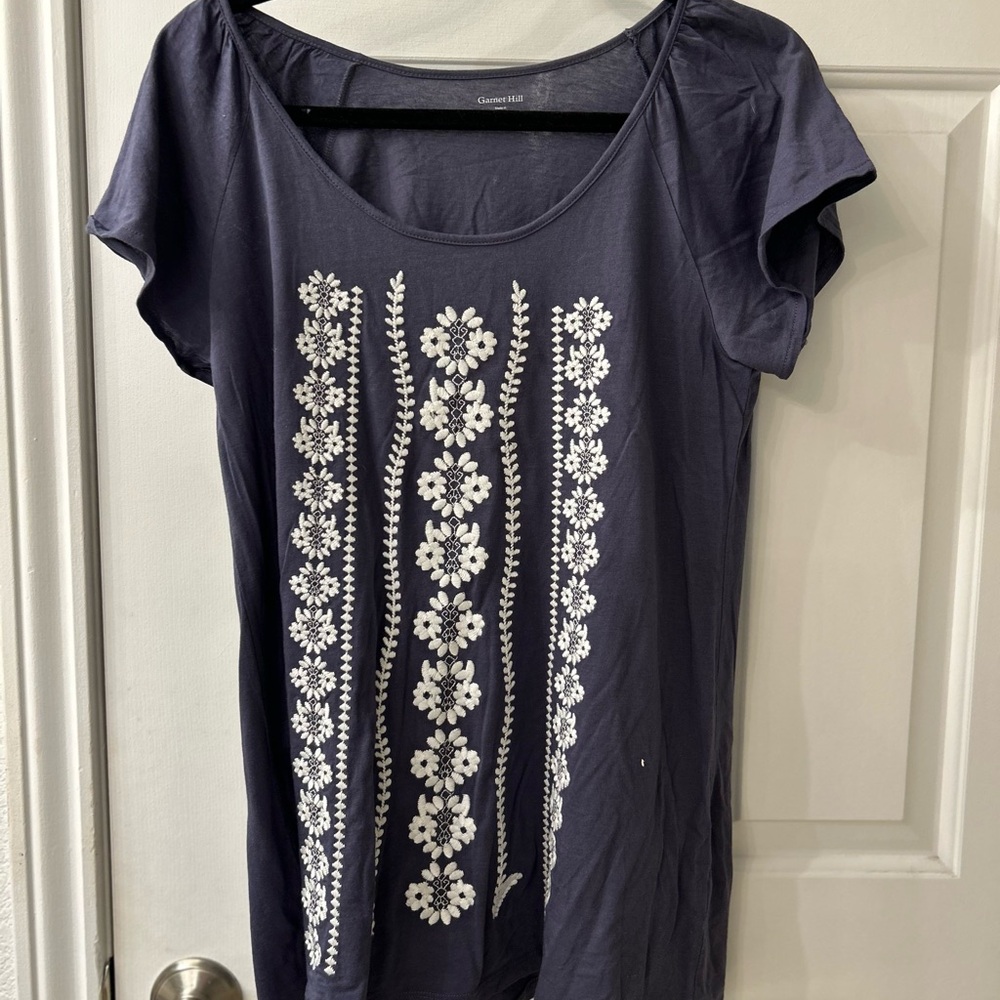 Garnet Hill Blue Embellished Short Sleeve Tee